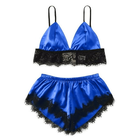 

Knosfe Women Pjs 2 Pack Crop Top Shorts Set Solid Color Sexy Pajamas Set Sleepwear Satin Nightgown