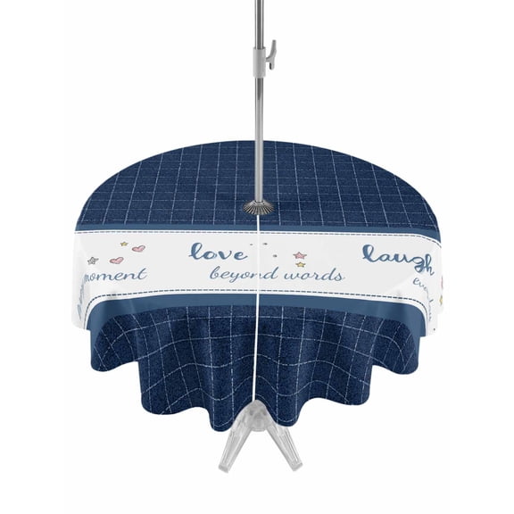 Outdoor Tablecloth with Umbrella Hole for Patio/Picnic/Party/Camping, Blue Plaid Waterproof Table Cloth Round Cover Washable, Country Live Love Laugh Text Star Love Heart (Dia 60")
