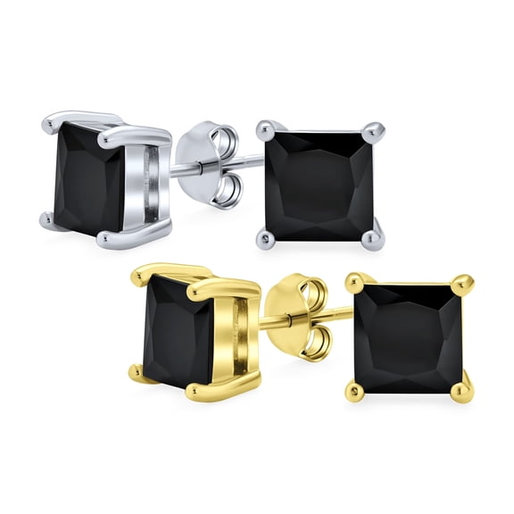 Bling Jewelry Womens Set of 2 Black Square Princess Cut CZ Stud Earrings Gold Plated Silver 6MM