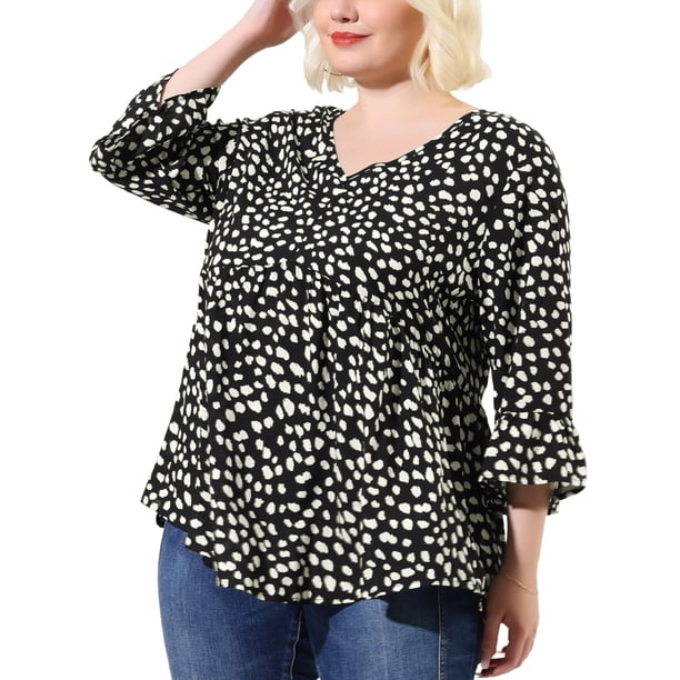 Women's Plus Size Blouse V Neck 3/4 Ruffle Sleeve PolDots Peplum Top Black 4X