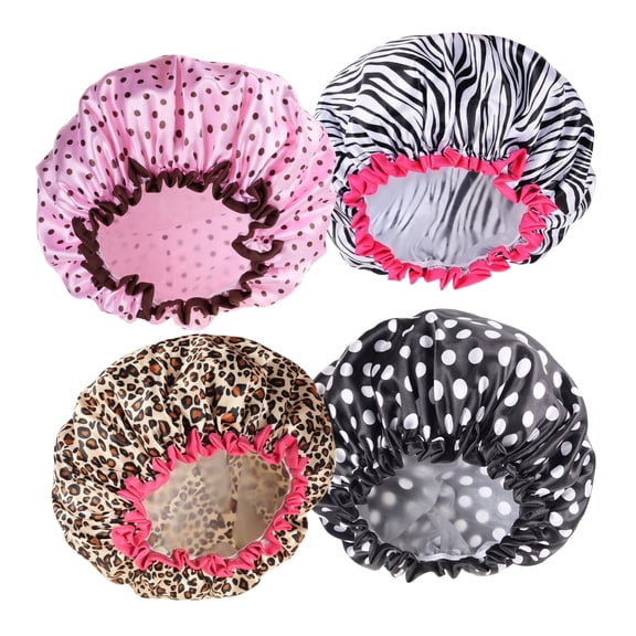 Reusable Waterproof Shower Caps 4 Pieces, Double Layer Hair Protection Cap with Elastic Edge for Women