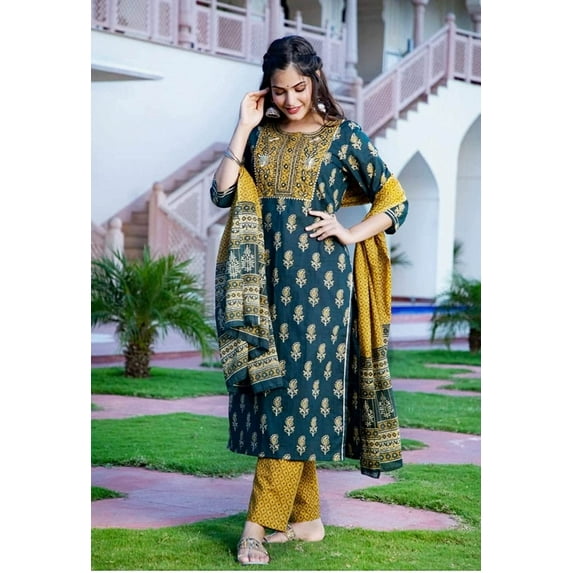 Aizza Trends Women's Rayon Febric Hand Embrodiery Work Straight Kurta With Pant and Dupatta Set