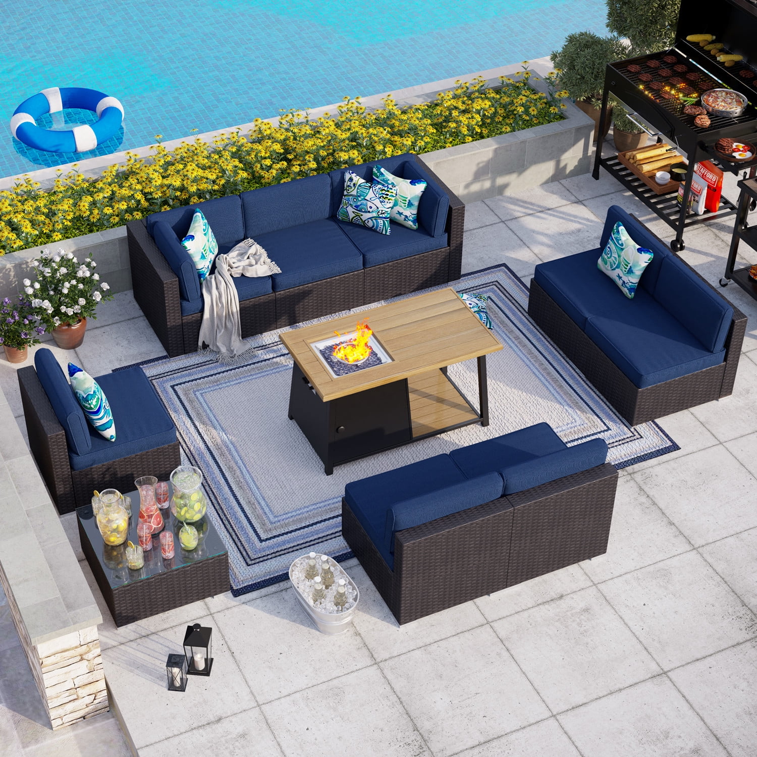 MF Studio 10 PCS Outdoor Patio Furniture Set with 46' 50,000 BTU Fire Pit Table