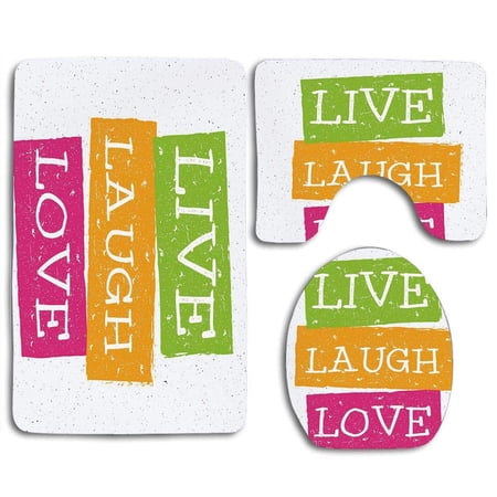PUDMAD Live Laugh Love Lifestyle Message in Vibrant Tones Joyful Life Philosophy Wise 3 Piece Bathroom Rugs Set Bath Rug Contour Mat and Toilet Lid Cover