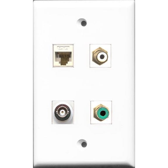 RiteAV 1 Port RCA White and 1 Port RCA Green and 1 Port BNC and 1 Port Cat6 Ethernet White Wall Plate