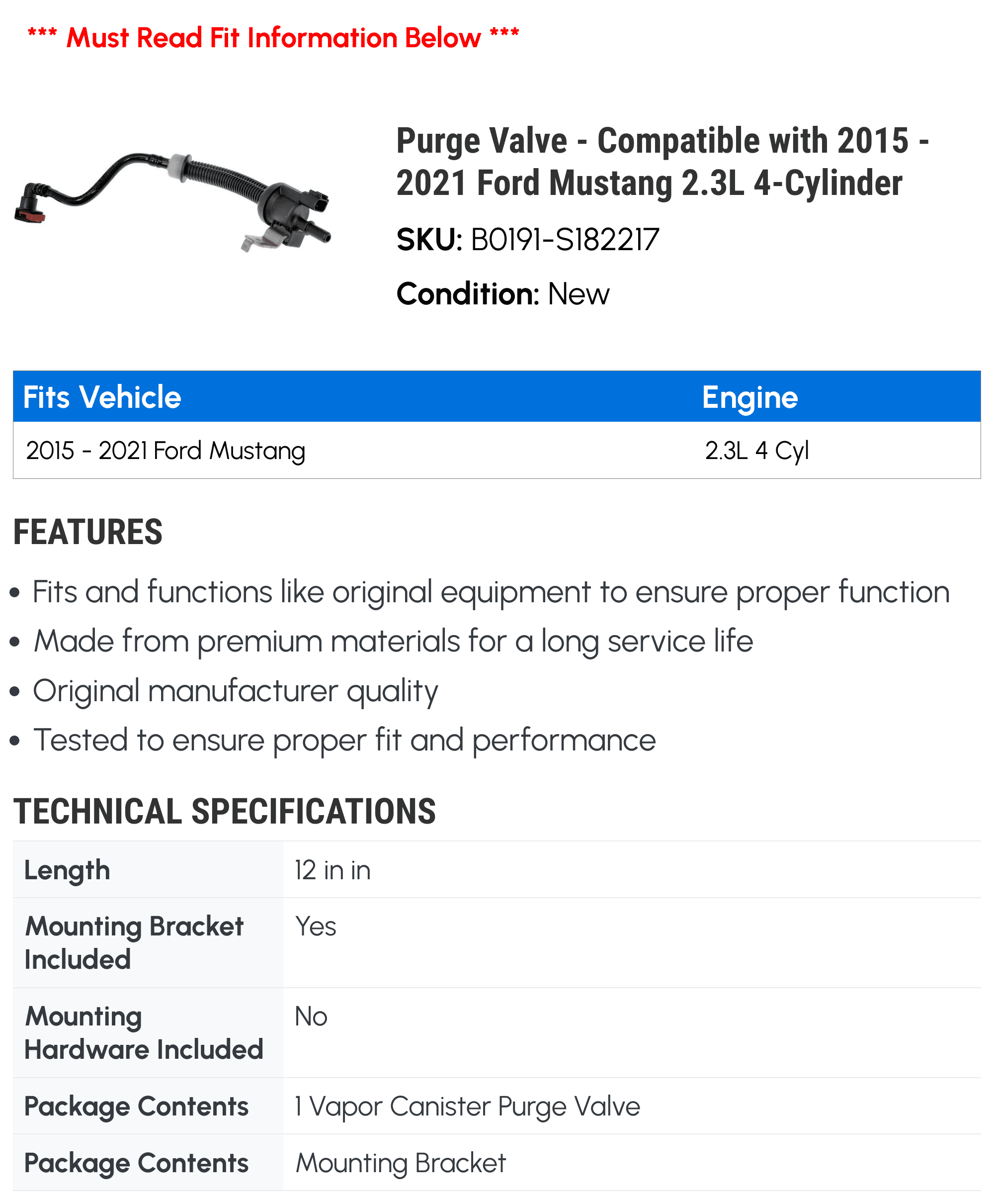 Purge Valve - Compatible with 2015 - 2021 Ford Mustang 2.3L 4-Cylinder - Dorman