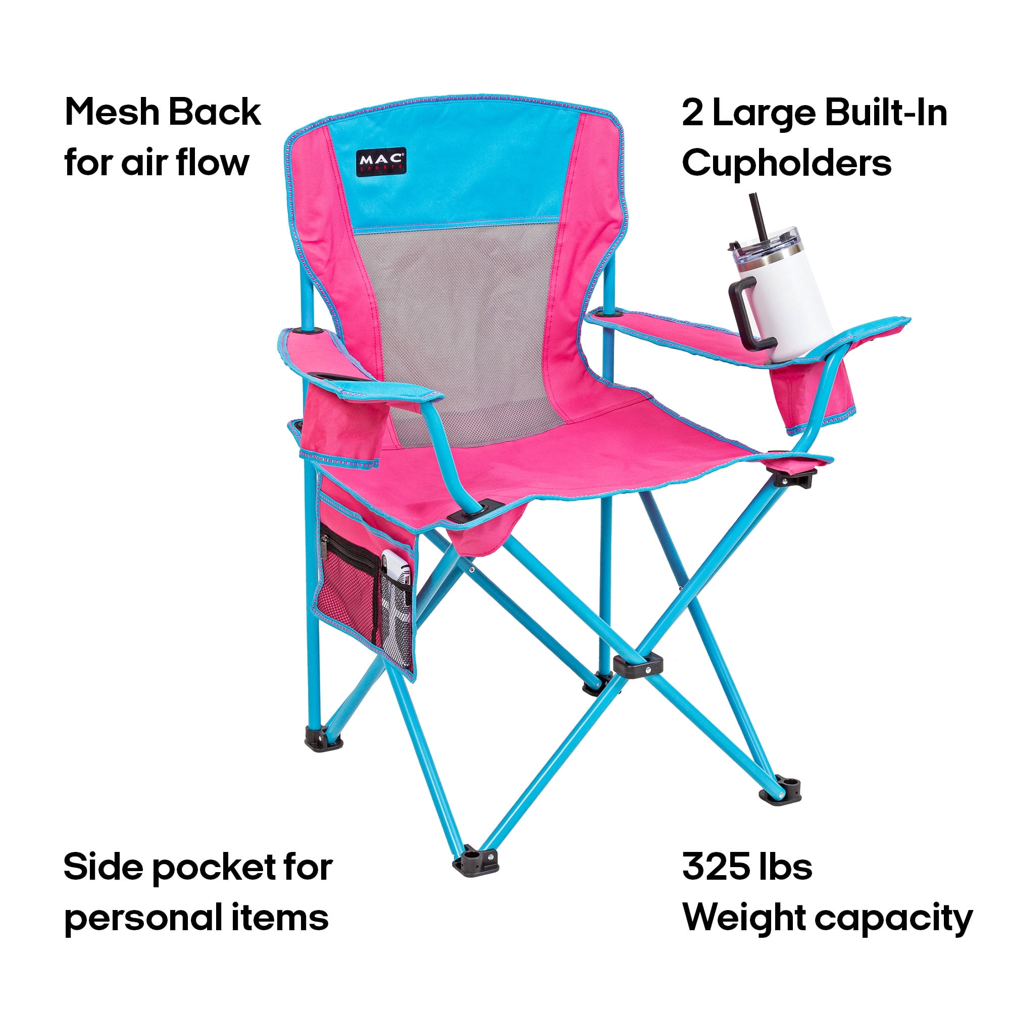 Macsports Oversized Folding Camp Chair with Cup Holders, Pink with Blue Accents and Frame