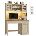 thumbnail image 4 of Homfa Executive Desk with Hutch & Power Outlets & LED Lights, Wood Writing Study Table, Home Office Computer Desk with Adjustable Shelves and Drawers, Oak, 4 of 7