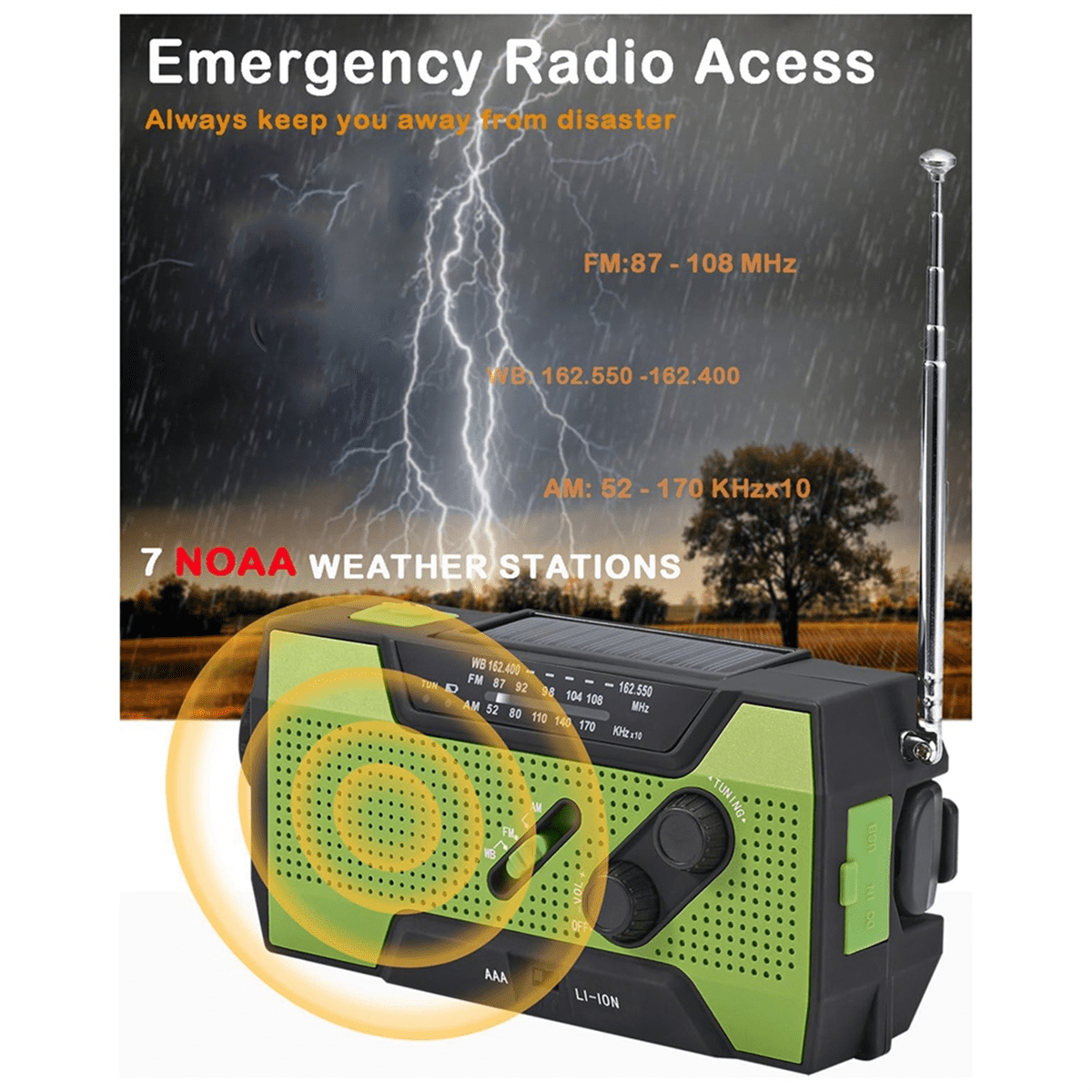 Emergency Weather Radio Hand Crank Portable Solar Charging with AM/FM/ LED Flashlight SOS Alert 2000mah