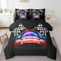 Erosebridal Red Race Car Bedding Sets Twin Size, Speed Sports Comforter Sets with Sheets, Checkered Flag Decor, Reversible 7-Piece