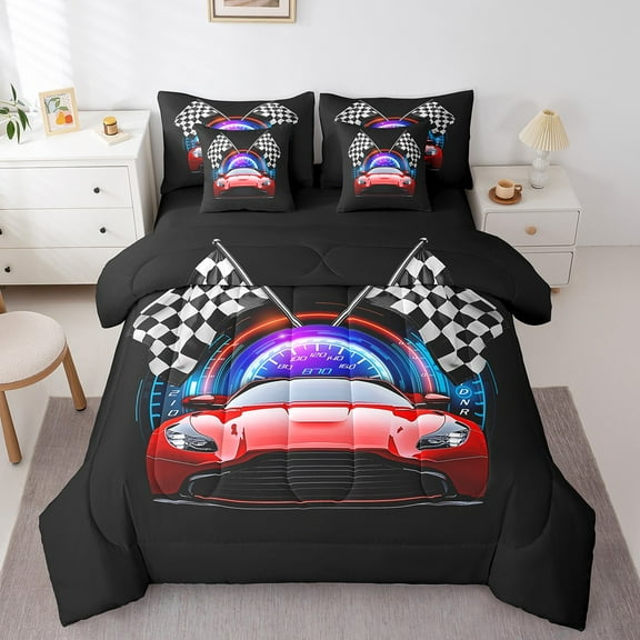 Erosebridal Red Race Car Bedding Sets Twin Size, Speed Sports Comforter Sets with Sheets, Checkered Flag Decor, Reversible 7-Piece