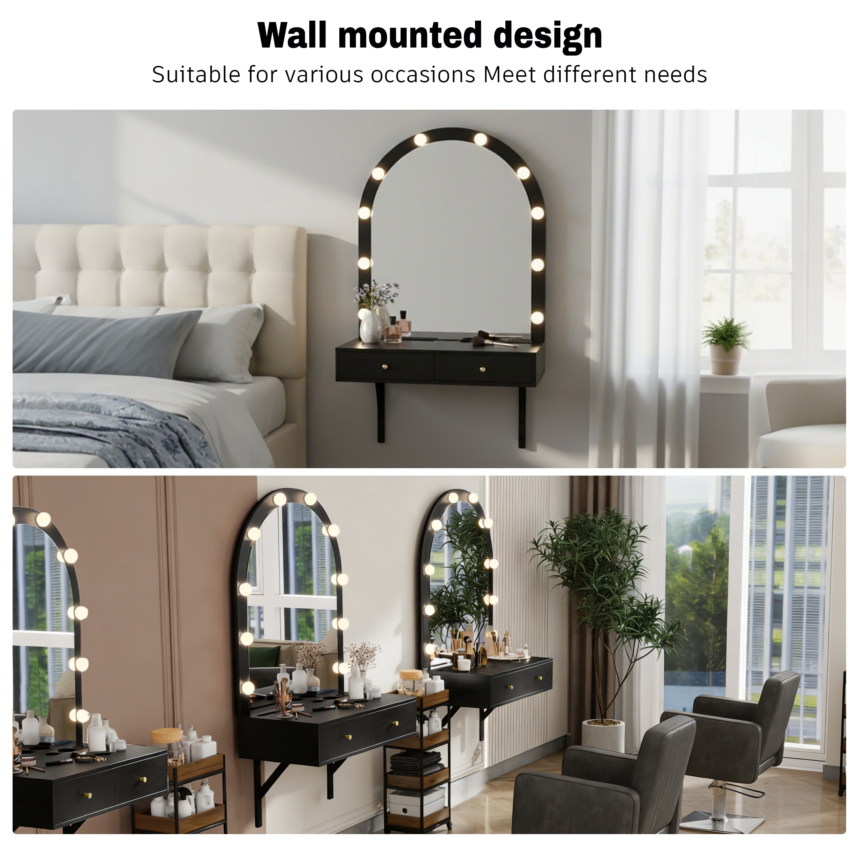 GARITIN Floating Makeup Vanity Desk 31.5 Inch, Wall Mounted Dressing Table with LED Mirror and Power Outlet for Bedroom Bathroom, Black