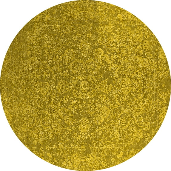 Ahgly Company Machine Washable Indoor Round Oriental Yellow Industrial Area Rugs, 5' Round