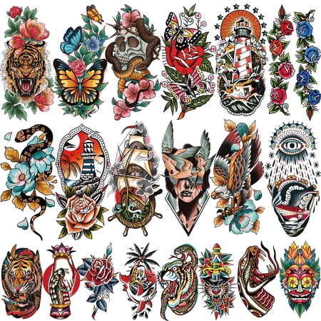 Yazhiji 77 Sheets American Traditional Temporary Tattoos Adult Women Men Realistic Fake Tattoos Half Sleeve Flower Butterfly Tiger Snake Old School Temp Tattoos Stickers for Kids Adults