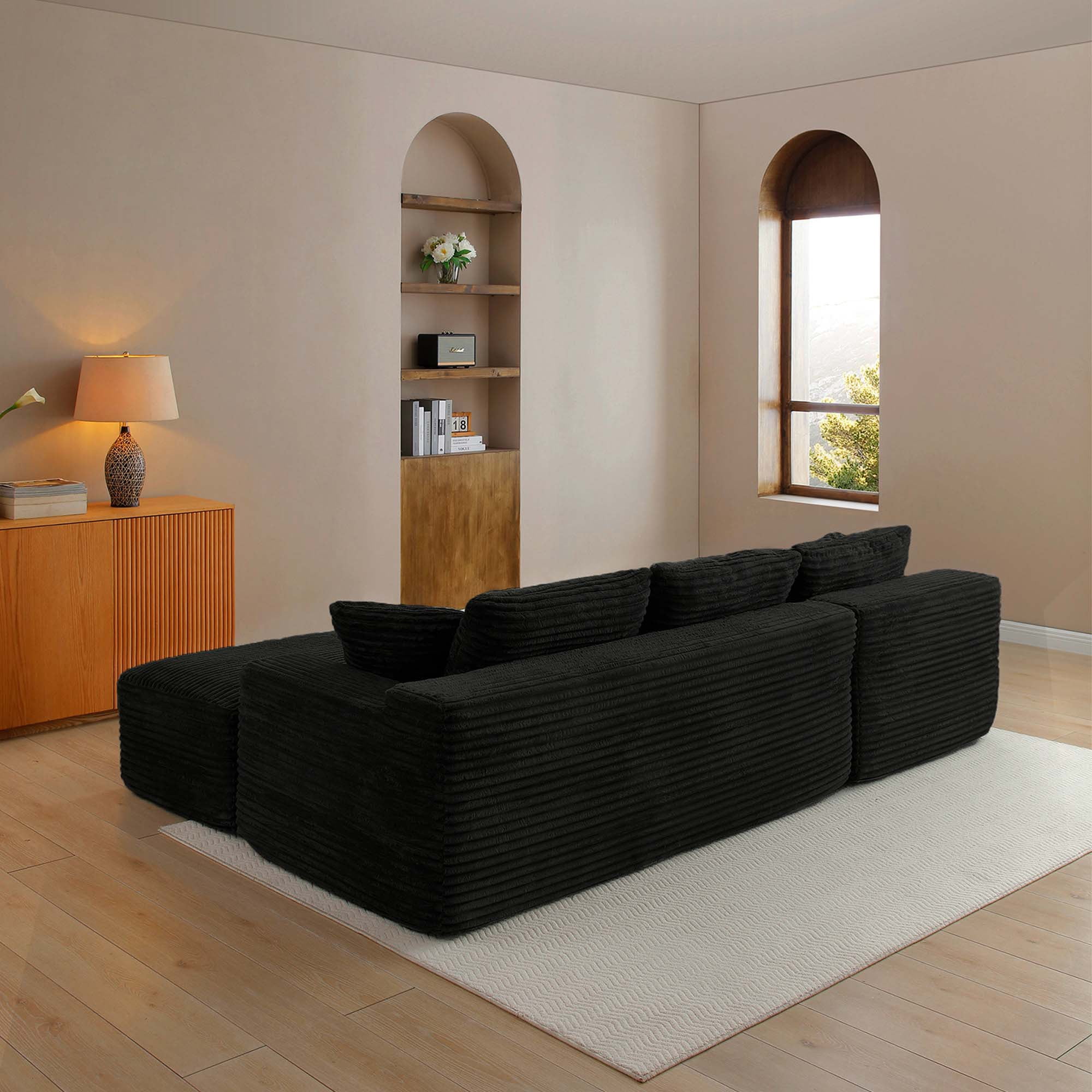 CAPCAEK 105" L-Shaped Modular Sectional Sofa with Chaise, Deep Seat Corduroy Couch with Throw Pillows for Living Room, No Assembly Required, Black