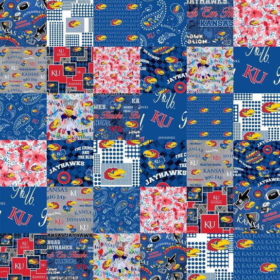 Official Licensed University of Kansas Cheater Quilt Printed Cotton Fabric-Kansas Jayhawks Cotton Fabric with Patchwork Cheater Quilt Print-60Â” Width