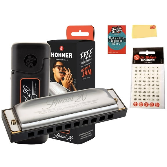 Hohner Special 20 Harmonica - Key of C Bundle with Key Stickers, Plastic Case, Instructional Manual, and Austin Bazaar Polishing Cloth