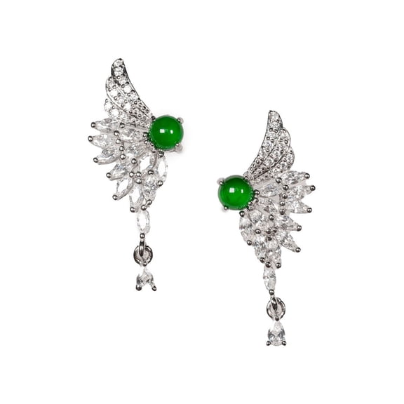 Angel Wings Green Jadeite Diamond Earrings, 925 Silver