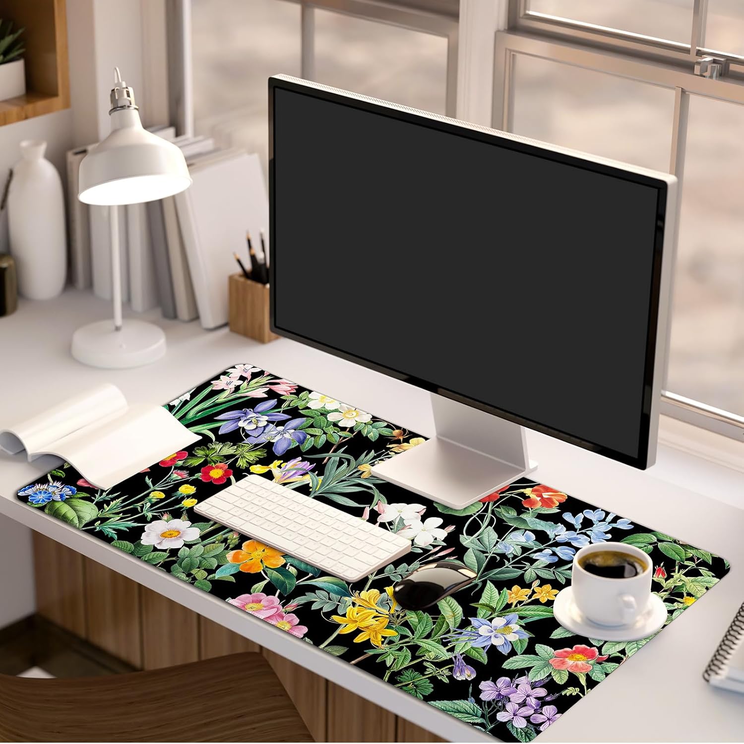 Black Flower Desk Mat Floral Plants Mouse Pad, Wildflowers Large Gaming Mousepad Desk Pad, XXL Keyboard MouseMat Full Desktop Mat Women Office Accessories 31.5"x15.7"