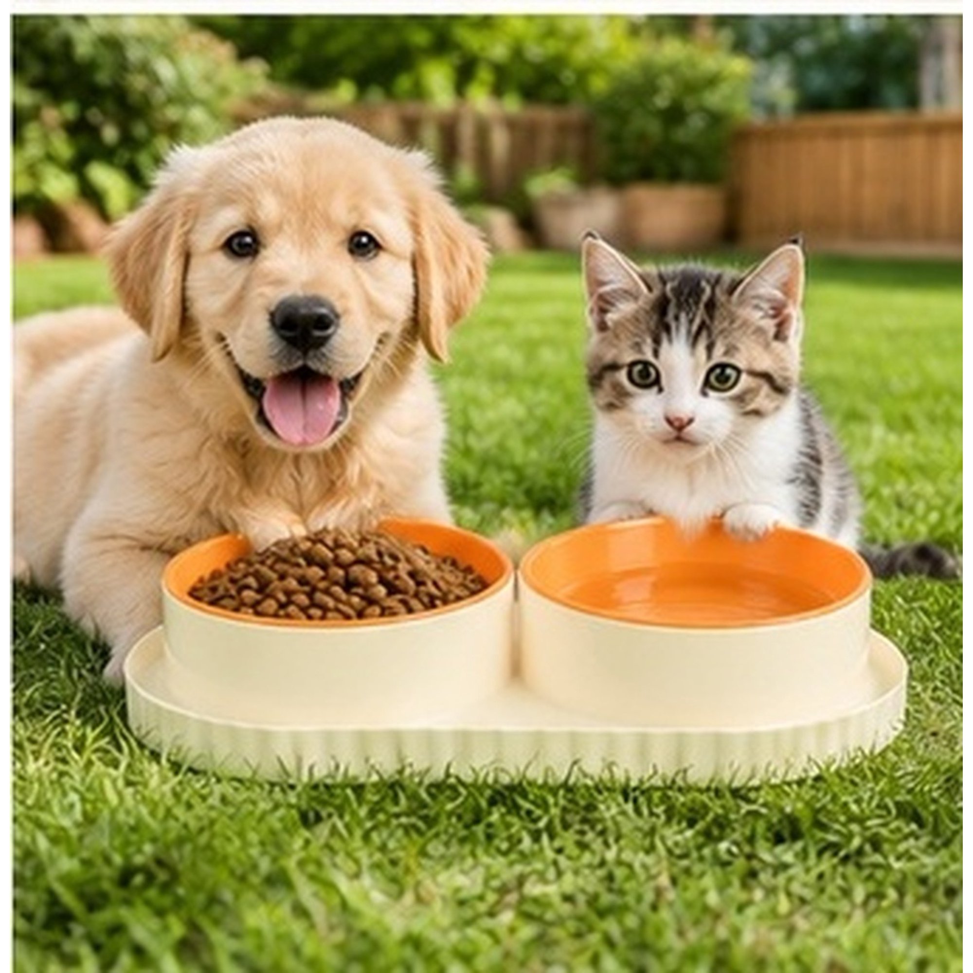 UPOUART Lightweight Plastic Double Bowl Pet Feeder Set with Nonslip Base for Dogs Cats