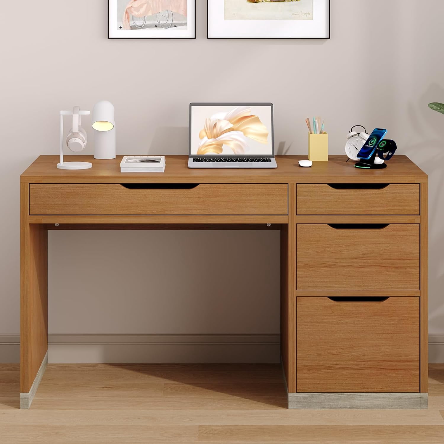 DreamCurship 52 Inch Computer Desk with 4 Storage Drawers,Home Office Desk with Storage for Small Space，Writing Desk with File Cabinet, Brown