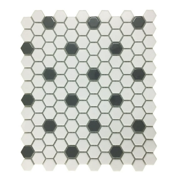 Renovators Supply Glossy White and Black Floor Tile Porcelain Mosaic Hexagon, 1 Tile Sheet 10.25" x 11.8"