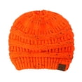 thumbnail image 2 of C.C BeanieTail Soft Stretch Cable Knit Messy High Bun Ponytail Beanie Hat, Confetti Neon Orange, 2 of 2