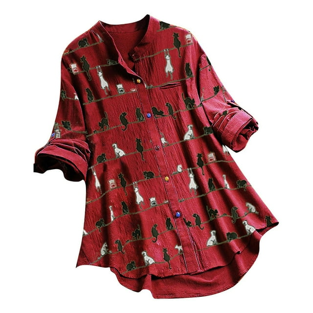 Blusa tipo camisa para mujer, casual, con estampado de gato, manga larga