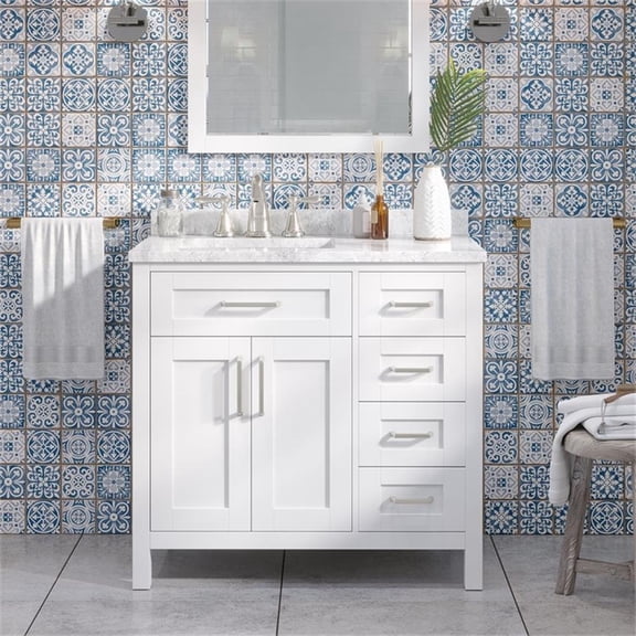 Pemberly Row 36" Bathroom Vanity in White with Carrara Marble Countertop