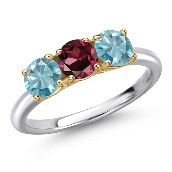 Gem Stone King 925 Silver and 10K Yellow Gold Red Rhodolite Garnet and Blue Zircon Engagement Ring for Women | 2.30 Cttw | Round 5MM | Gemstone January Birthstone | Size 8