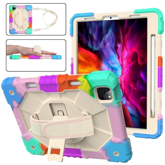 Shokproof Case for iPad Pro 11 3rd Gen 2021, iPad Pro 11" 2020/2018 Case with Pencil Holder, Allytech Hybrid Drop Proof 360 Rotating Kickstand Handle Carrying Shoulder Strap, Colorful Beige