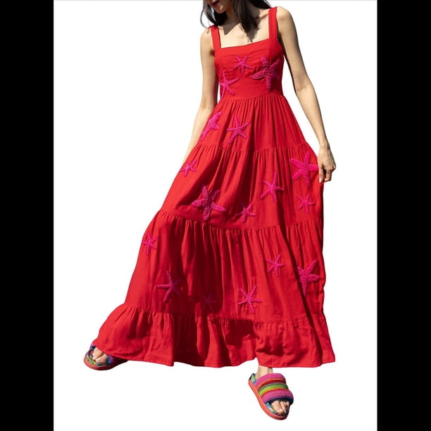 Vestido Bohemio de Verano para Mujer, Bordado, Sin Mangas, Fruncido, Holgado, para Playa y Vacaciones Rojo L