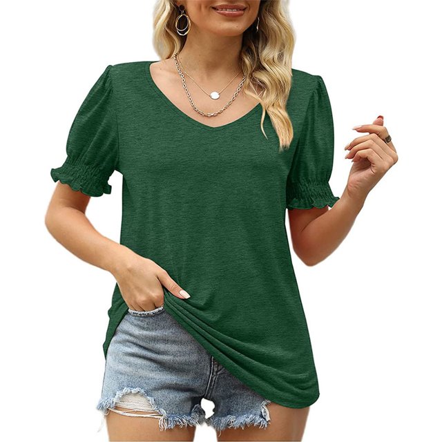 Bienvenido Mujeres Fruncido Puff Manga Top Cuello En V Color Puro Ajuste Suelto Casual Verano Jersey Camisa Verde XL