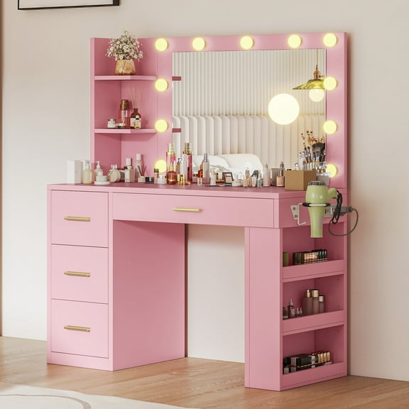 Uforic Makeup Vanity Desk with Mirror & Lights, Vanity Desk with 4 Drawers & Storage Shelves - Pink