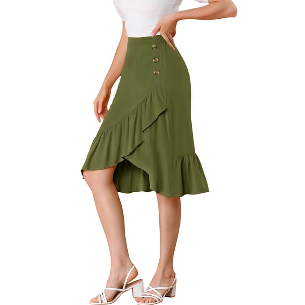 INSPIRE CHIC Falda asimétrica con dobladillo con volantes de color sólido y cintura alta con decoración de botones para mujer ejercito verde S