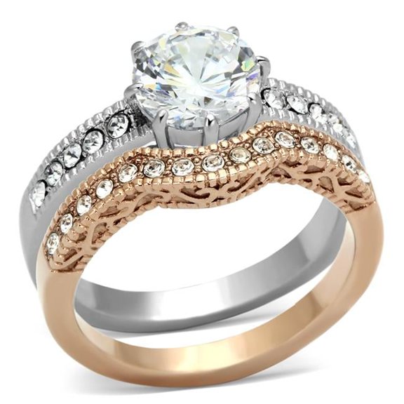 Women Two-Tone IP Rose Gold Stainless Steel Ring with AAA Grade CZ in Clear - Size 10