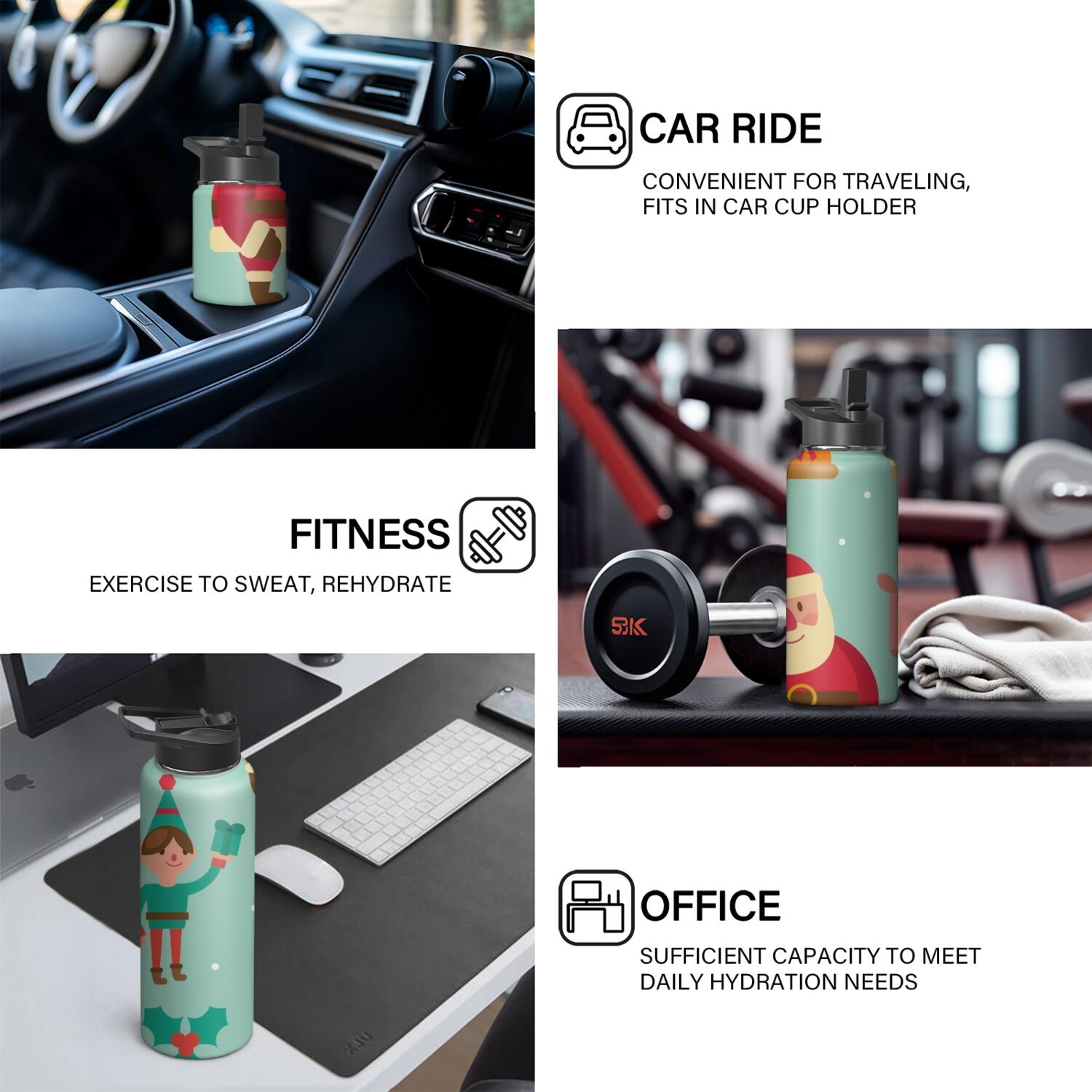 Christmas 18 oz Insulated Stainless Steel Water Bottle with Straw & Cleaning Brush , Leakproof, BPA-Free, 304 Stainless Steel, Wide Mouth, Travel Mug for Car, Gym, Office