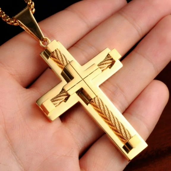 High Quality 14K Yellow Gold Wire Cross Pendant Necklace Men Cruz Necklaces For Male Jewelry