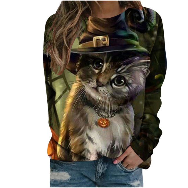 Camisa de manga larga con estampado de gato y cuello redondo informal para mujer a la moda para mujer Fridja ghj987+448