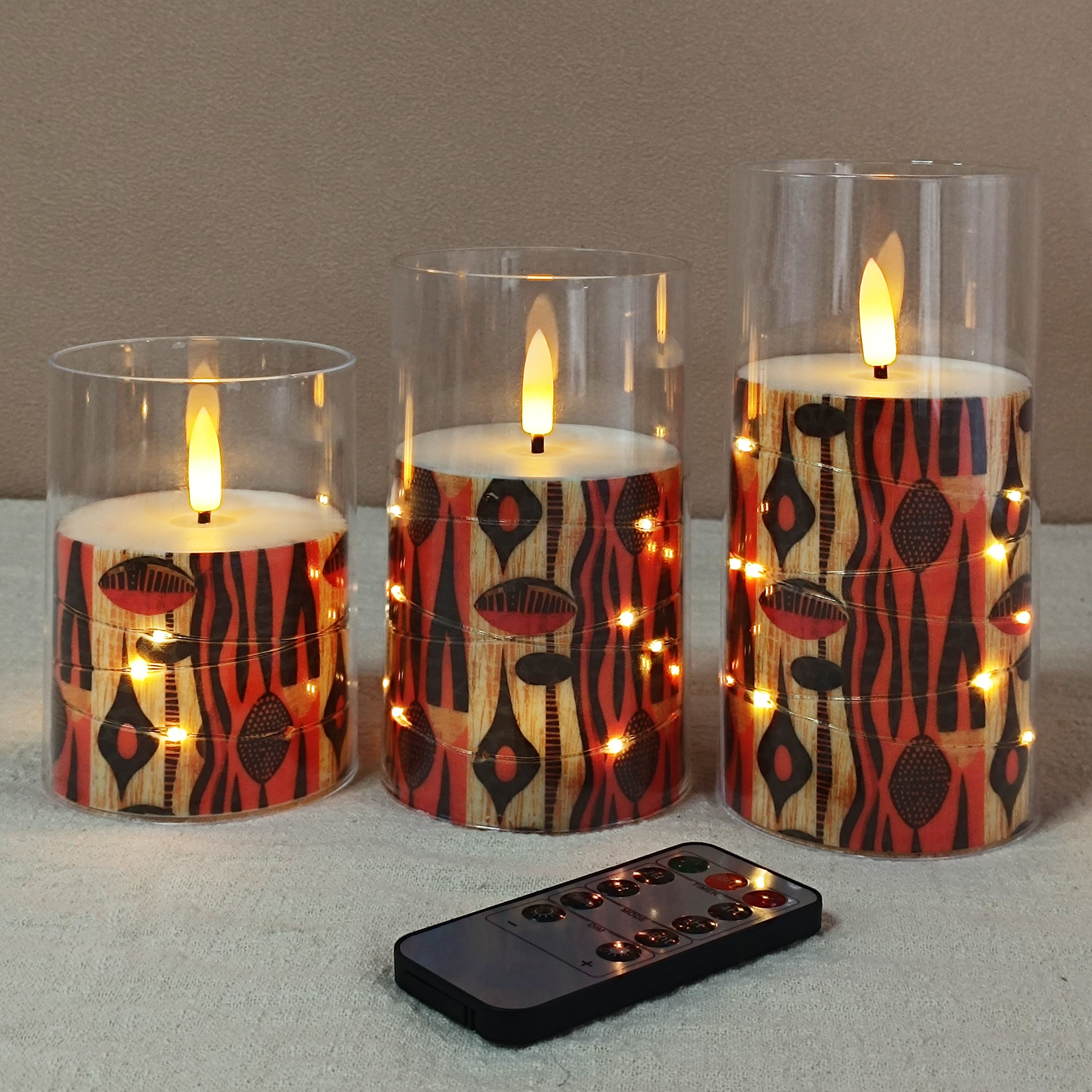 Flameless Candles with String Lights LED Candle Battery Operated Candles with Remote Control,Printed Pillar LED Candles for Wedding Holiday Party Table Home Decorations,Set of 3