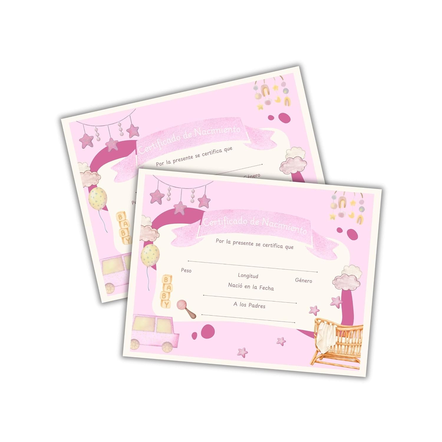 Certificado de Nacimiento de Beb en Espaol 6pk 8.5x11 de Lino Rosa Baby Girl Birth Certificate in Spanish Milestone Keepsake Announcement Commemorative