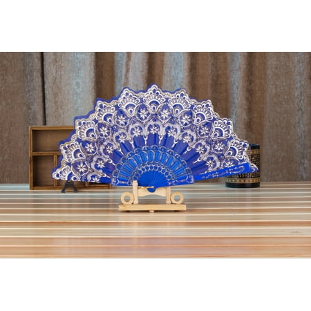 

WEPRO Chinese Style Dance Wedding Party Lace Silk Folding Hand Held Flower Fan Blue