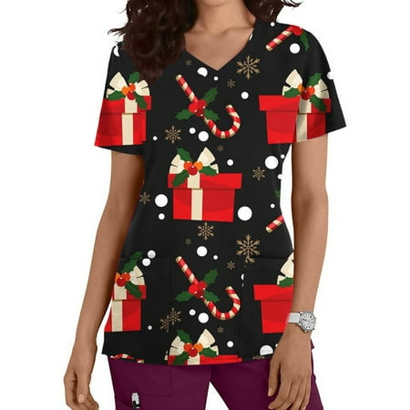 

Valentine s Day Clearance Sales Under Scrub Tops for Women Pattern Print Scrubs Shirts Stretch Cute Medical Print Flower Uniforms Black L