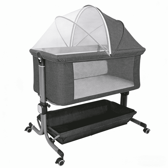 Vipuse Baby Bedside Bassinet with 6 Height Adjustable & Mosquito Net & Storage&Lockable Wheels for Infants, Dark Grey