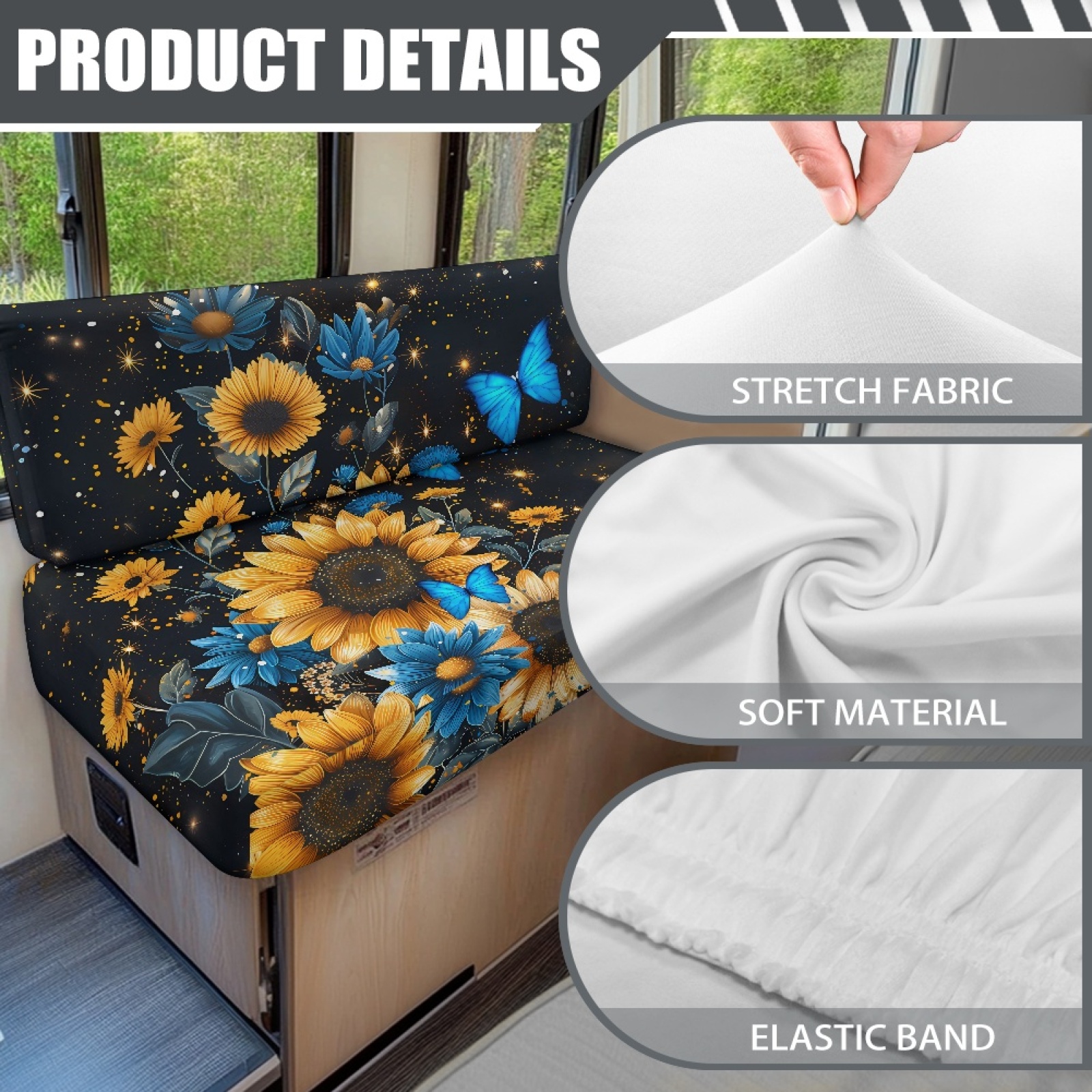 FORUDESIGNS Butterfly Sunflower Pattern 2 Pcs RV Dinette Cushion Covers Washable Camper Cushion Slipcover Stretch Camper Seat Covers Dinette Booth Sofa Slipover for Travel Trailer Couch