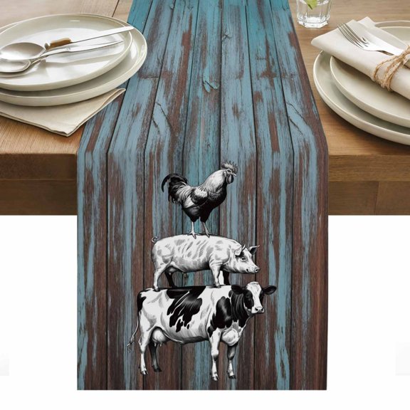 Farmhouse Wooden Grain Table Runner - 70 Inch Long, Kitchen Dining Table Runner Dresser Scarves, Vintage Shabby Cow Pig Chicken Farmhouse Decor for Coffee Tables Wedding Party Banquet