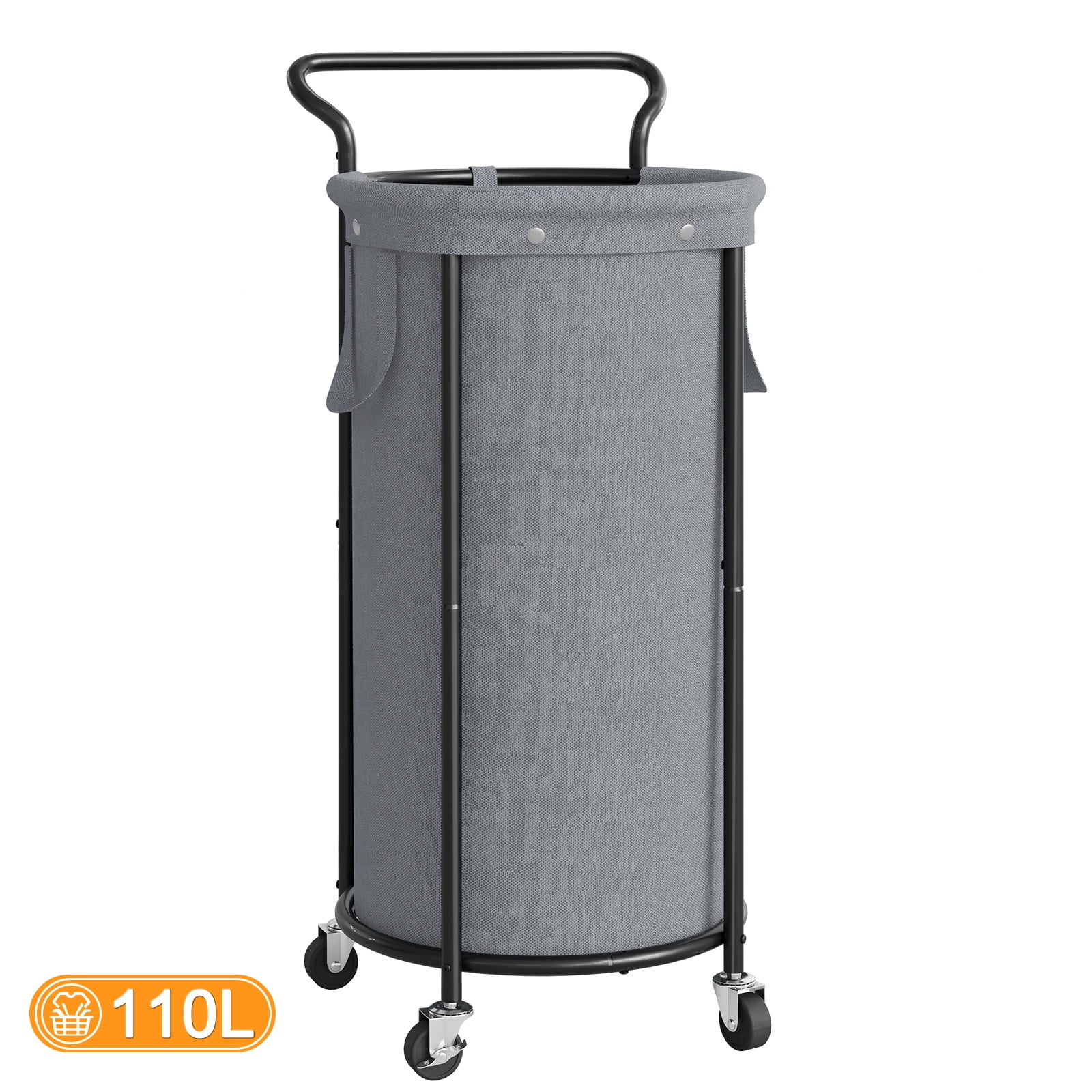 BGTREND 110L Rolling Laundry Hamper with Removable Bag, Round Steel Frame and Handle, Gray