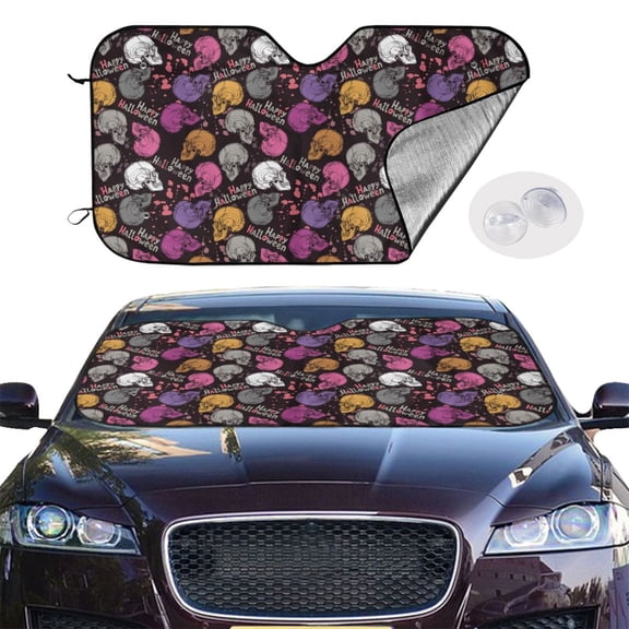 Picia Halloween Skeleton Curved Windshield Sunshade Accordion Folding Style Auto Shade for Car Truck SUV Van Blocks UV Ray Sun Visor Protector -Small