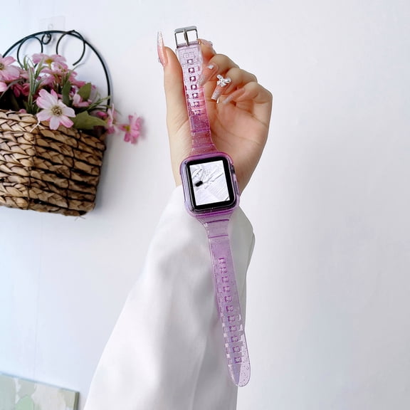 Compatible for Apple Watch 45mm 44mm 42mm Clear Band with Bumper Case, Jelly Crystal Women Men Watch Band Sport TPU Silicone Strap with Case for iWatch Series 9 8 7 6 5 4 SE 3 2 1, Purple