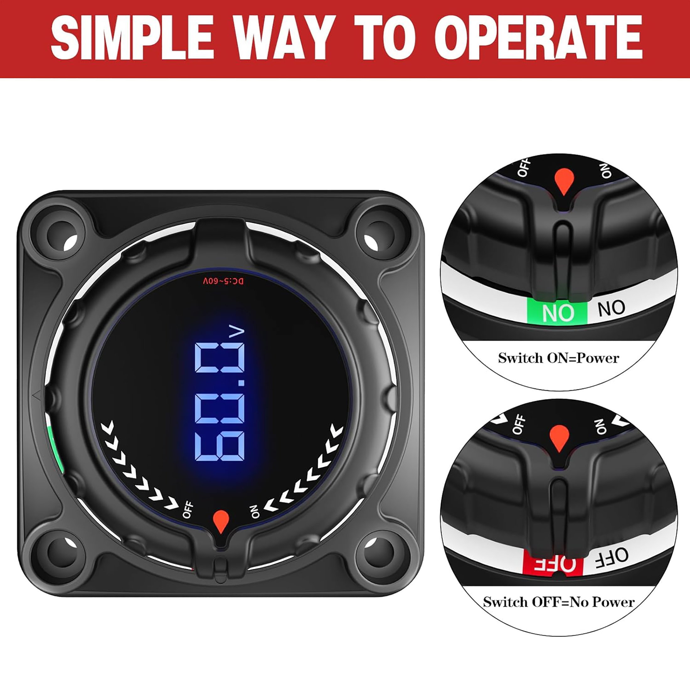 Upgrade Battery Disconnect Switch with Digital Voltage Display, DC 5-60V, Power Master Isolator Cut Off Switch for Car Truck Marine Boat RV Camper Trailer (Upgrade Black)